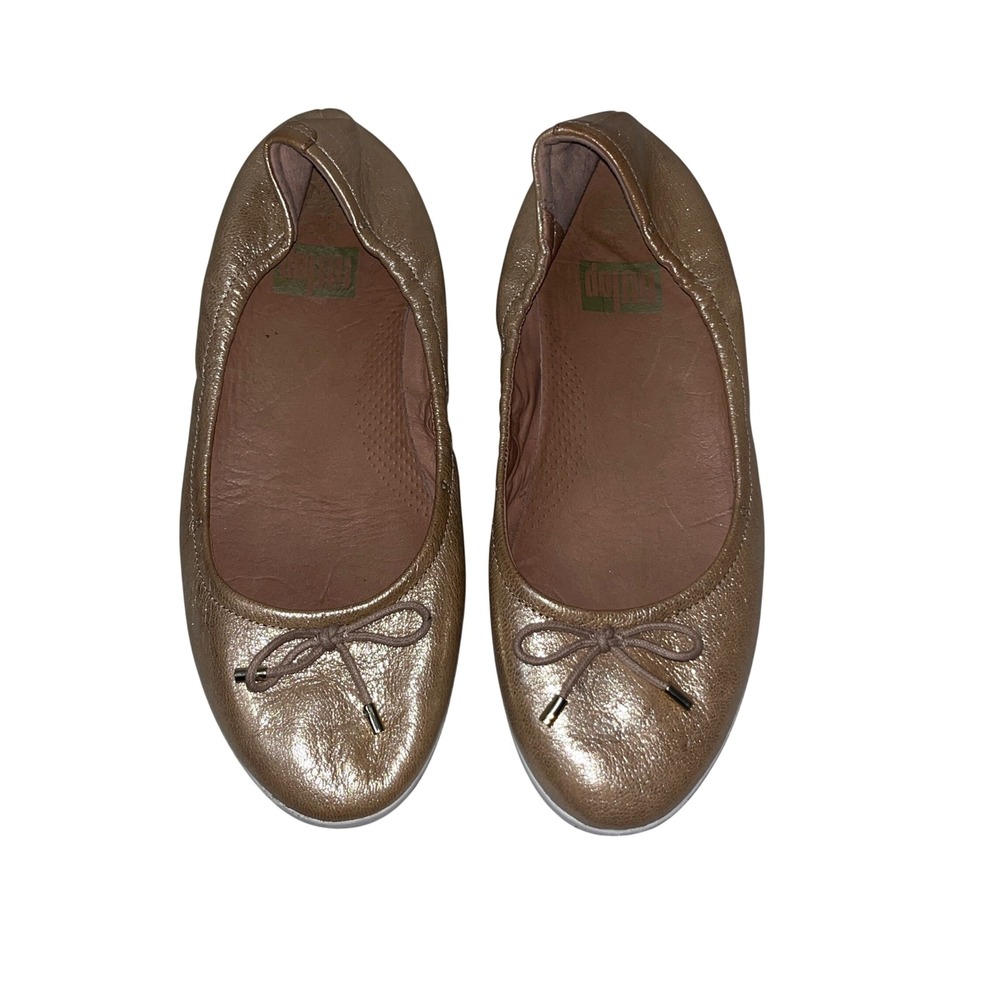 FitFlop Allegro Ballet Flats Women 8 Rose Gold Excellent Metallic Leather Bow